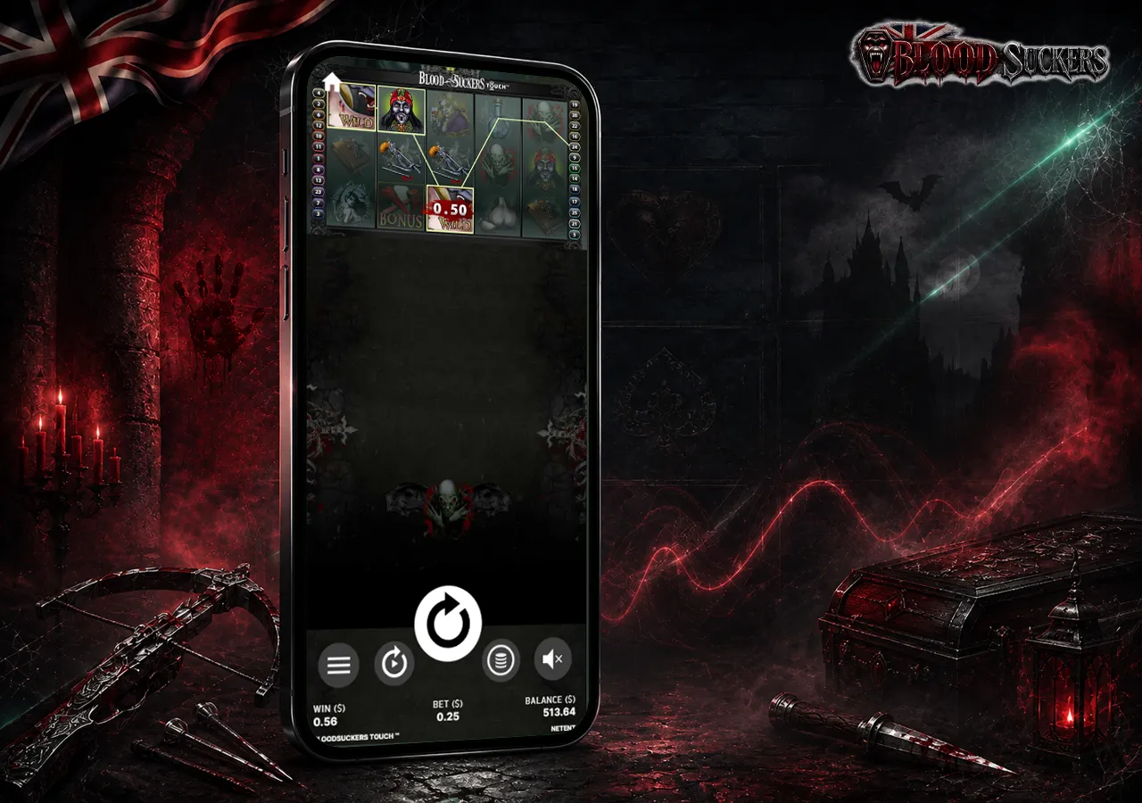 A haunting casino scene with smartphone, drifting fog, stone walls and subtle vampire-inspired details